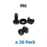 M6 Rack Screws Cage Nuts and Nylon Washers 20 Sets/Pack Black